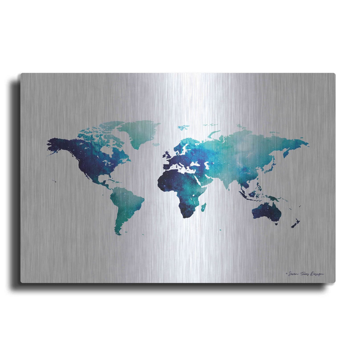 'Blue Space World Map' by Seven Trees Design – Metal Wall Art