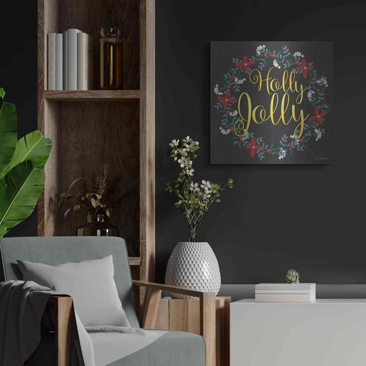 'Holly Jolly Wreath' by Seven Trees Design – Metal Wall Art, 24x24 room view