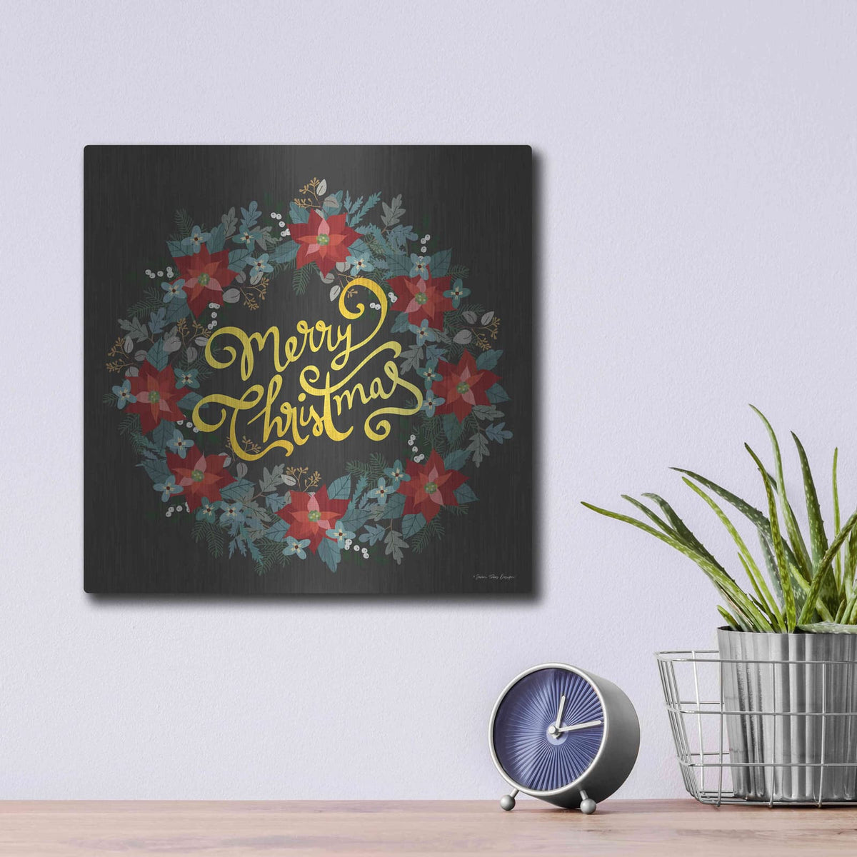 'Merry Christmas Wreath' by Seven Trees Design – Metal Wall Art, 12x12 room view