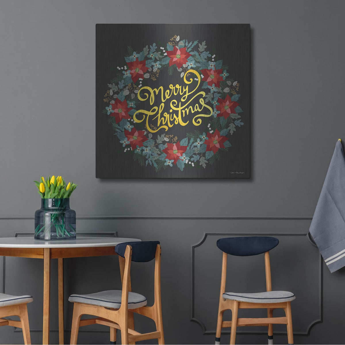 'Merry Christmas Wreath' by Seven Trees Design – Metal Wall Art, 36x36 room view