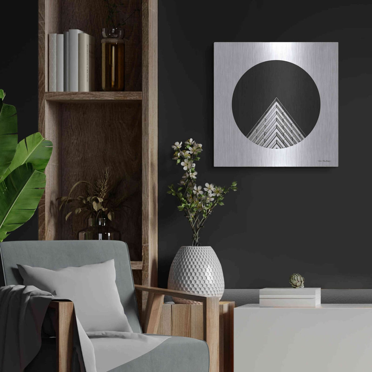 'Triangular Architecture' by Seven Trees Design – Metal Wall Art, 24x24 room view
