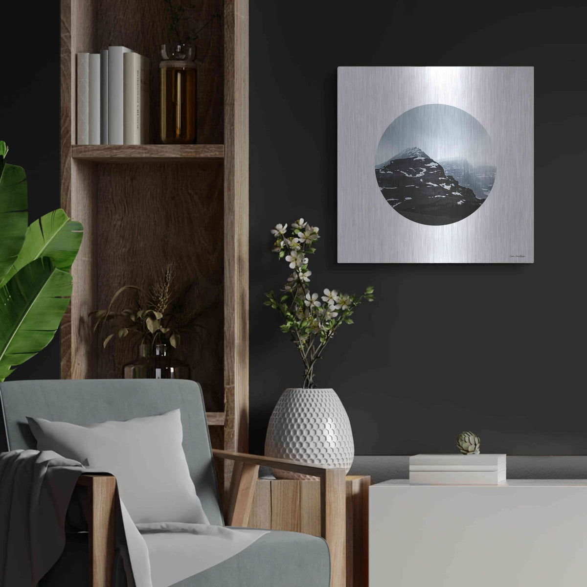 'Snow Mountains' by Seven Trees Design – Metal Wall Art, 24x24 room view