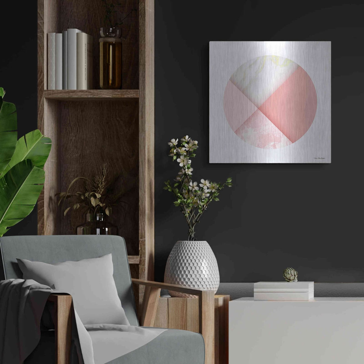 'Pink Marble Circle I' by Seven Trees Design – Metal Wall Art, 24x24 room view