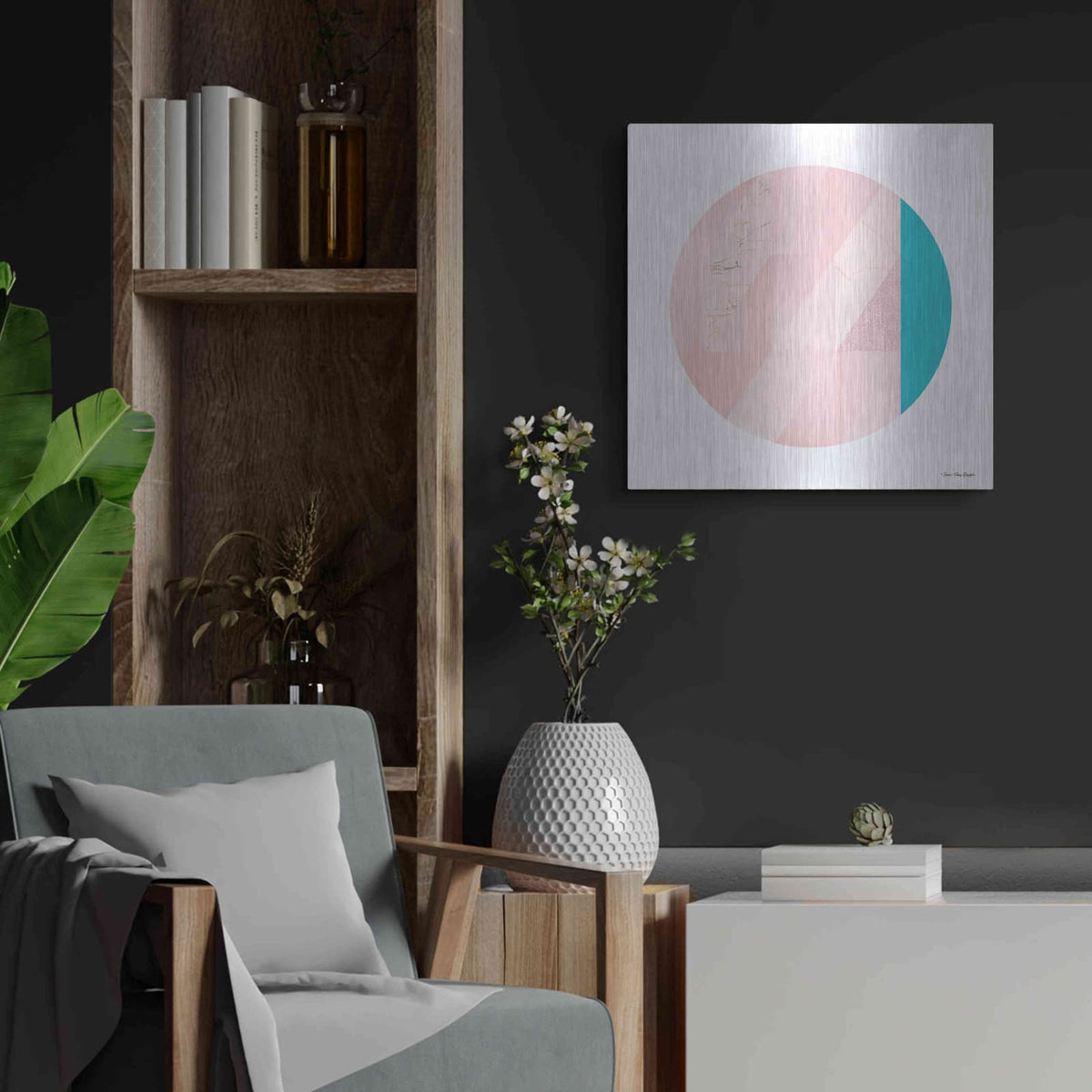 'Pink Marble Circle II' by Seven Trees Design – Metal Wall Art, 24x24 room view