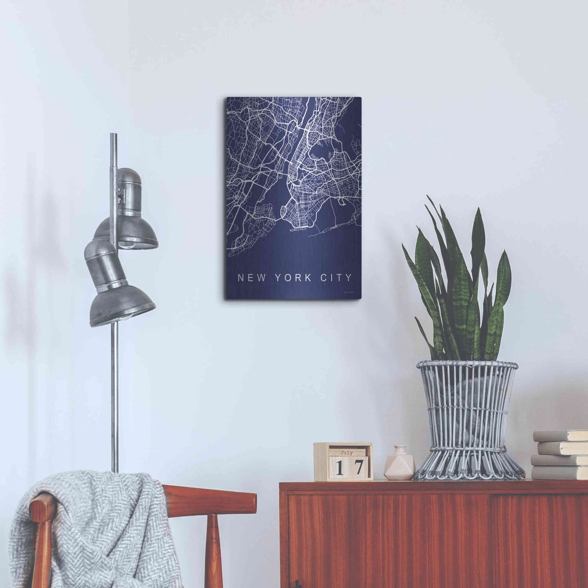 'NYC Street Blue Map' by Seven Trees Design – Metal Wall Art, 16x24 room view