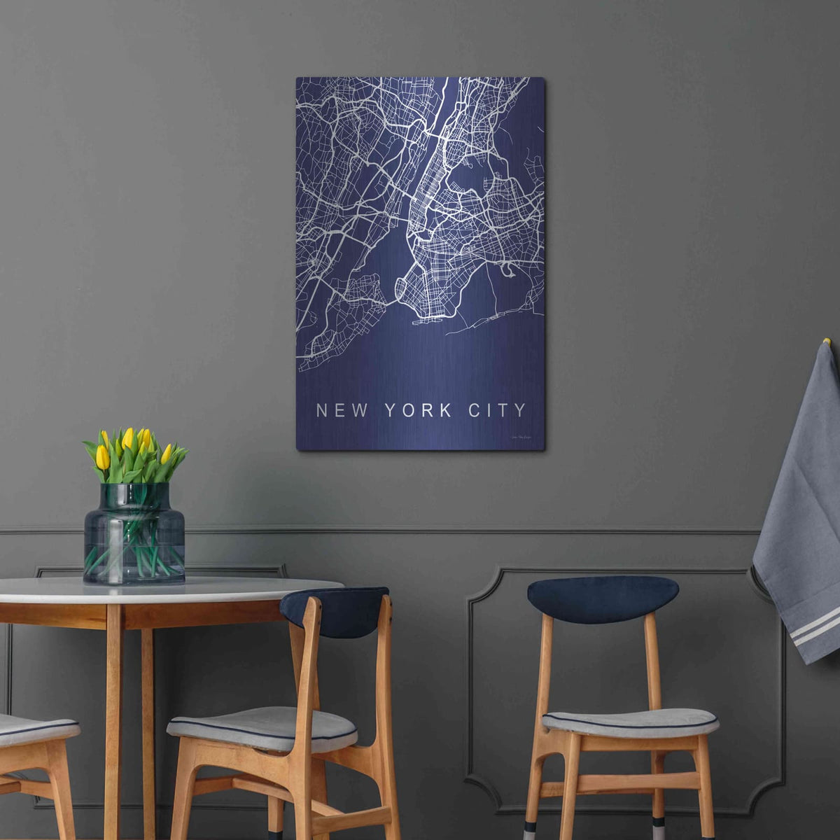 'NYC Street Blue Map' by Seven Trees Design – Metal Wall Art, 24x36 room view