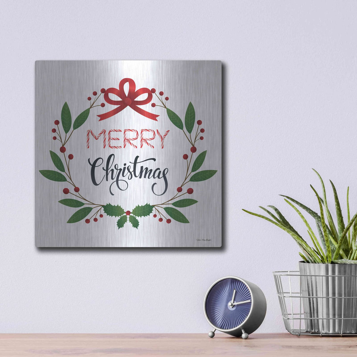 'Merry Christmas Wreath 2' by Seven Trees Design – Metal Wall Art, 12x12 room view