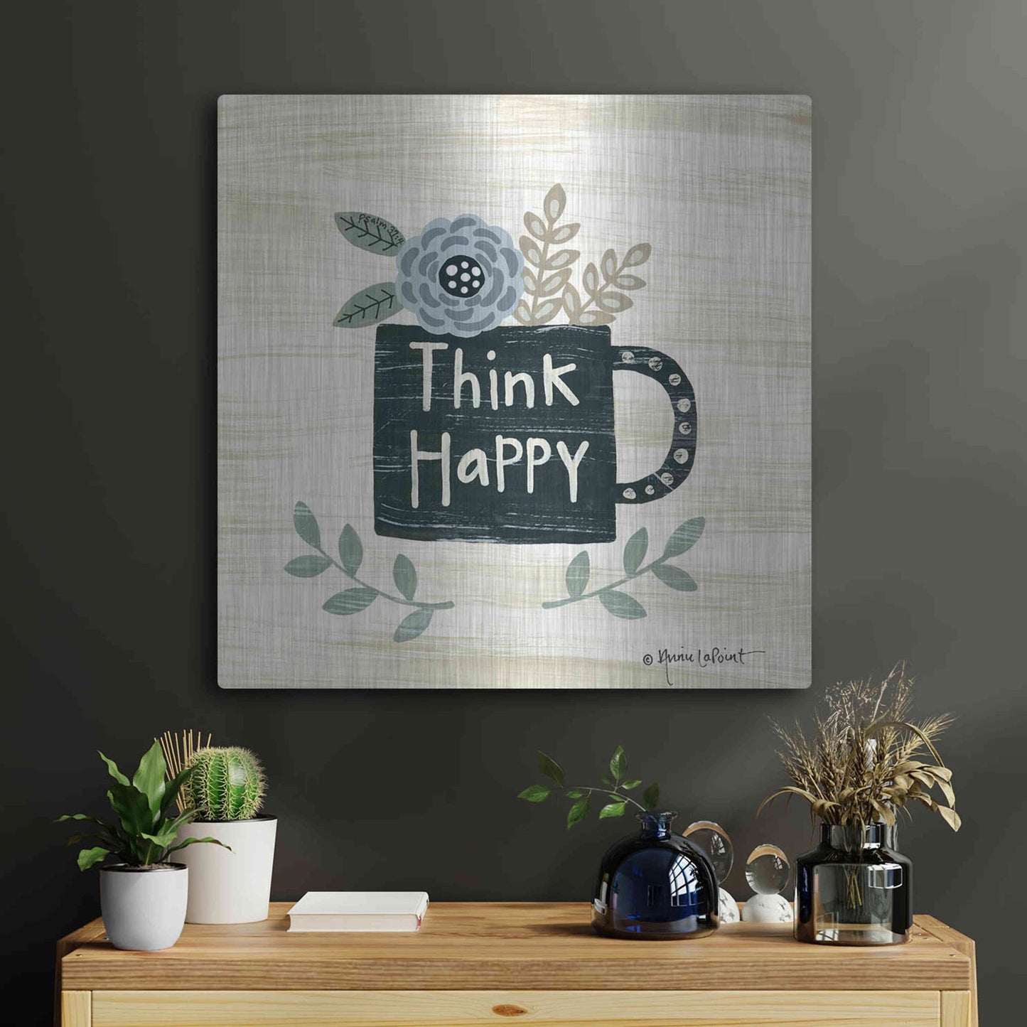 Luxe Metal Art 'Think Happy' by Annie LaPoint, Metal Wall Art,24x24