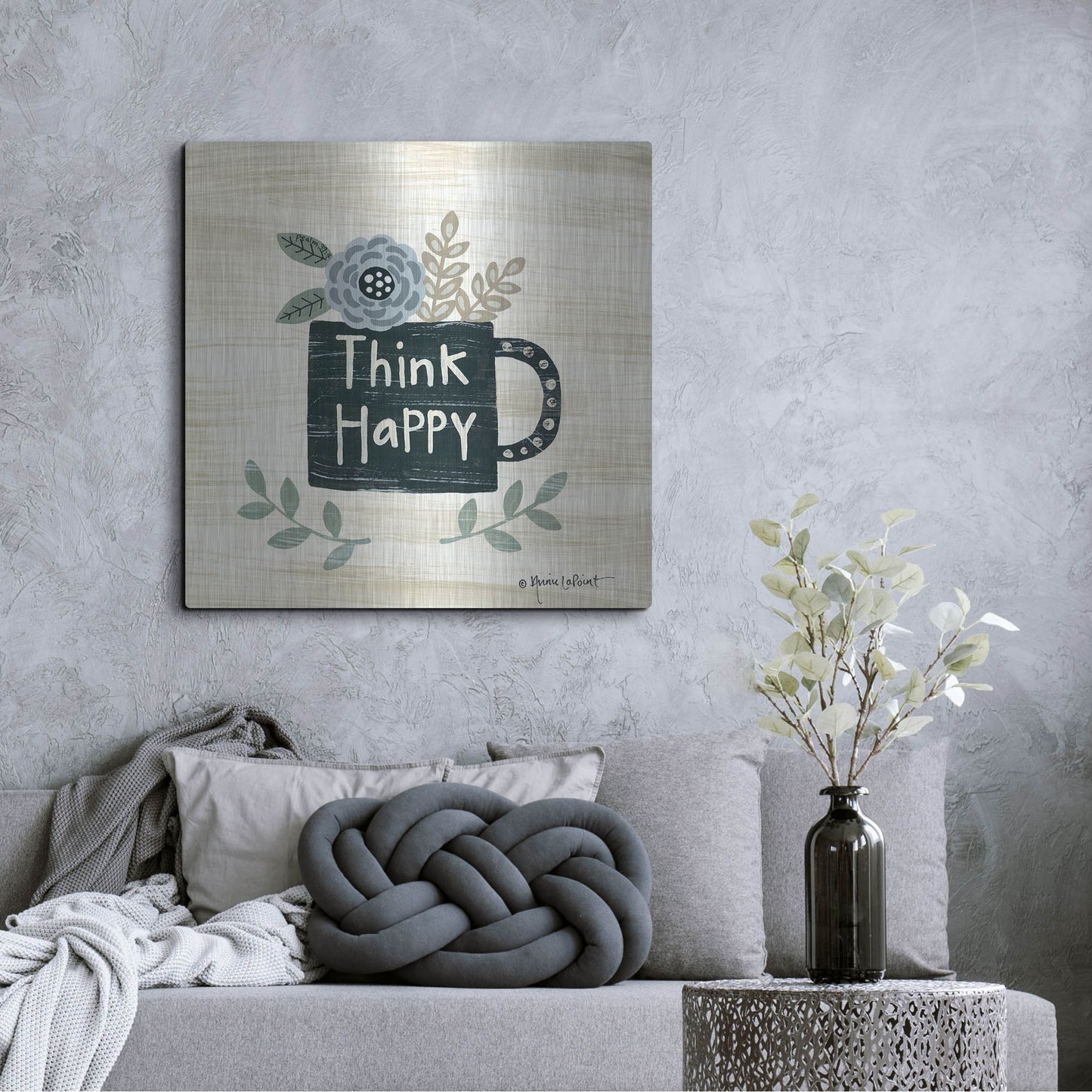 Luxe Metal Art 'Think Happy' by Annie LaPoint, Metal Wall Art,36x36