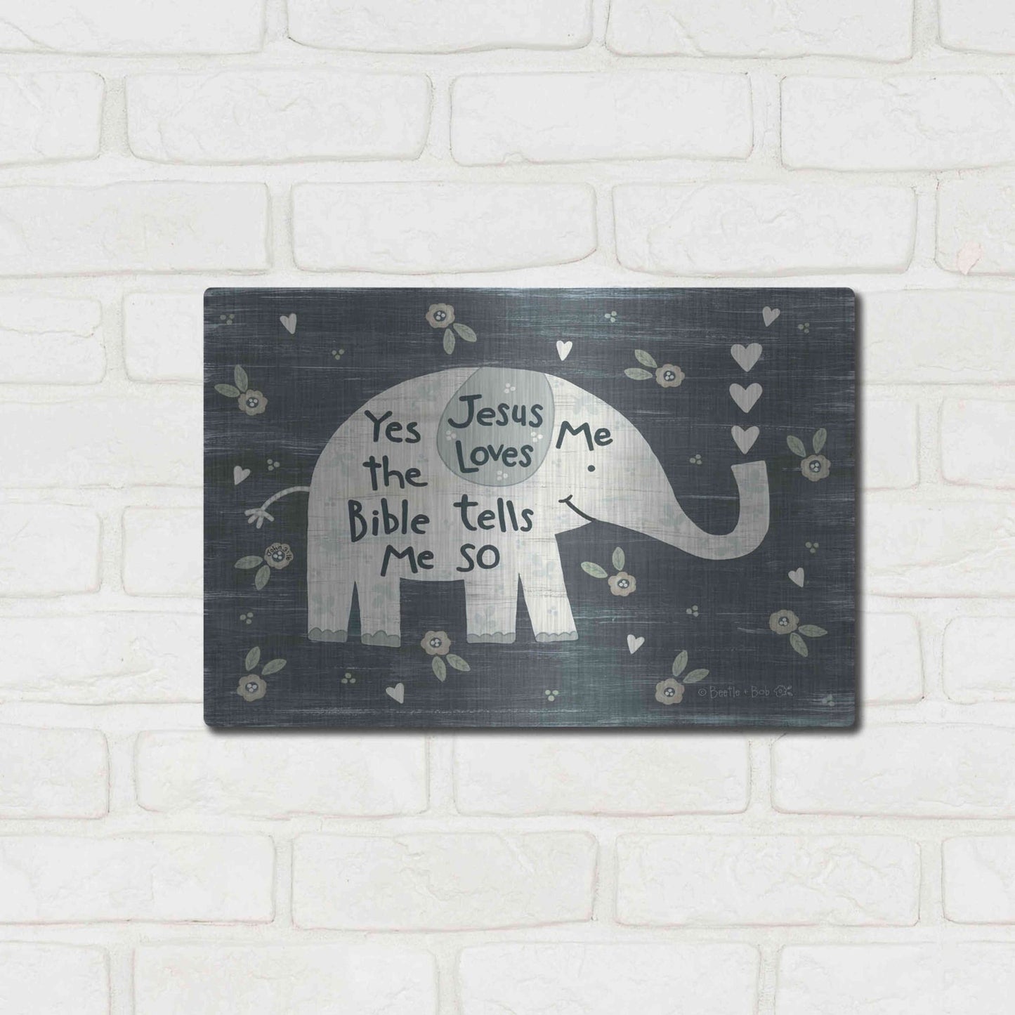 Luxe Metal Art 'Jesus Loves Me Elephant' by Annie LaPoint, Metal Wall Art,16x12