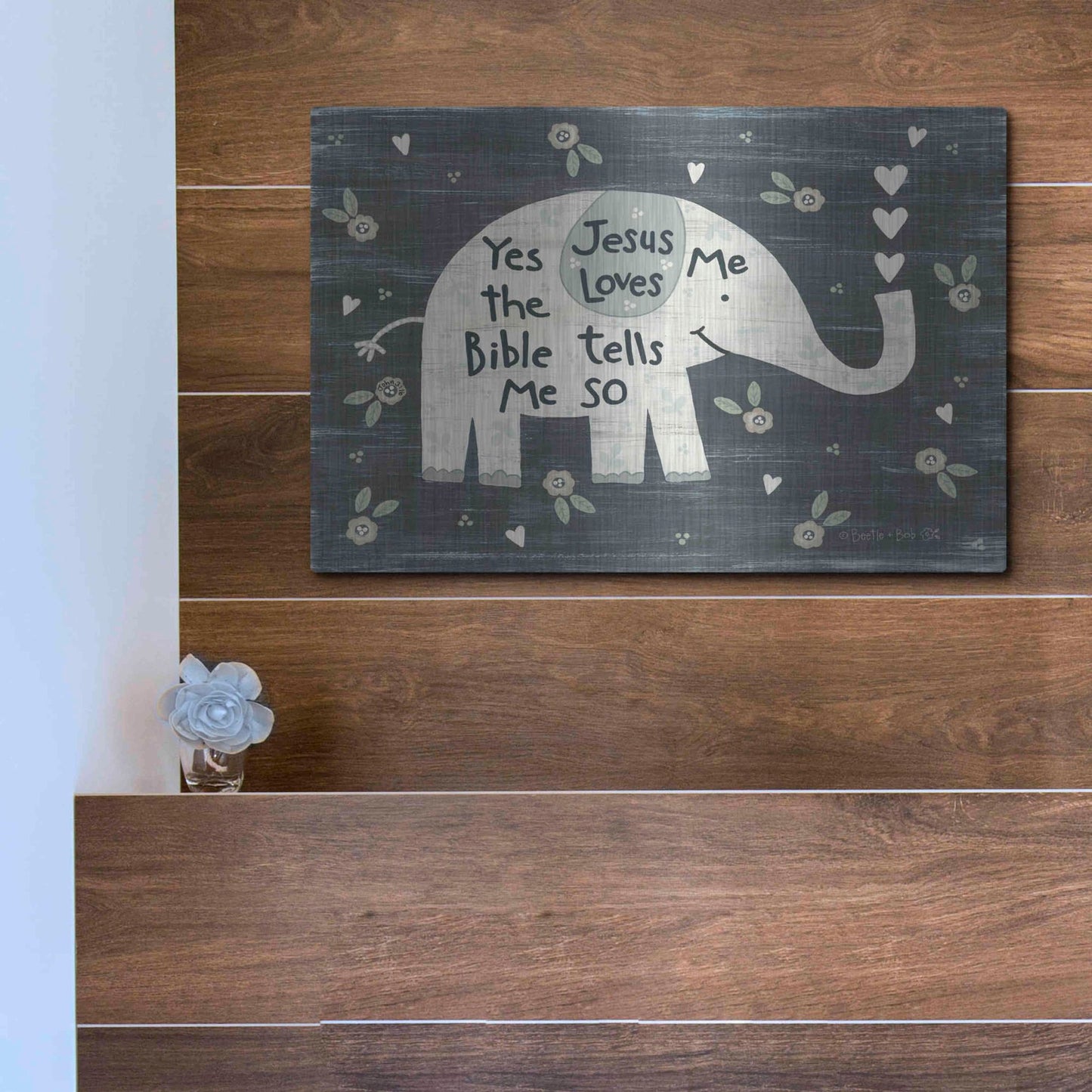 Luxe Metal Art 'Jesus Loves Me Elephant' by Annie LaPoint, Metal Wall Art,16x12