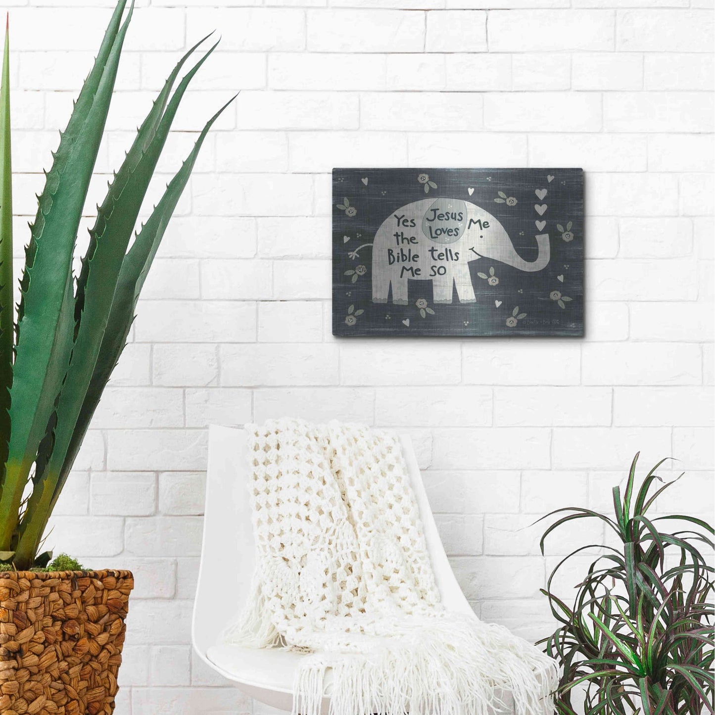 Luxe Metal Art 'Jesus Loves Me Elephant' by Annie LaPoint, Metal Wall Art,16x12