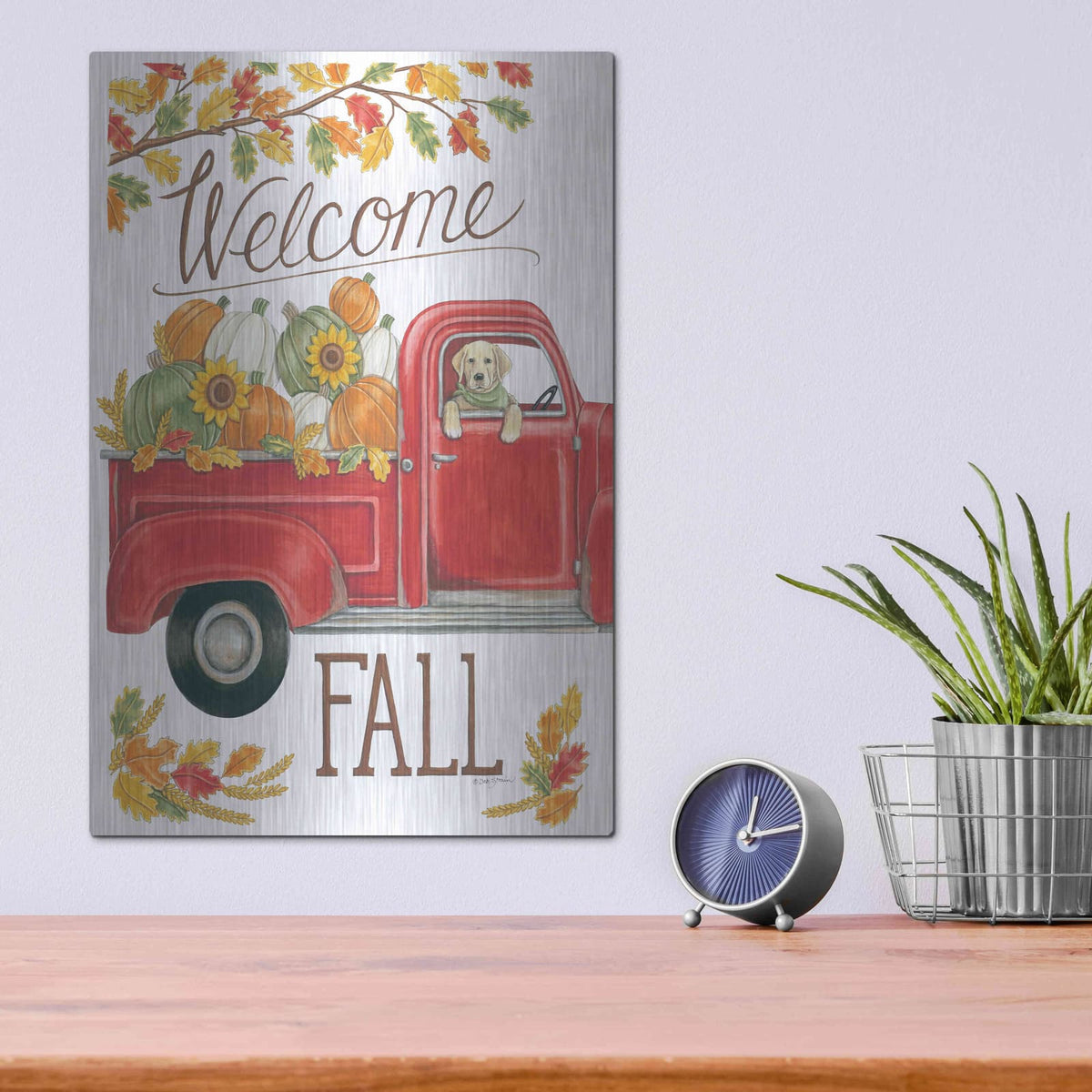 'Fall Truck & Lab' by Deb Strain – Metal Wall Art, 12x16 room view