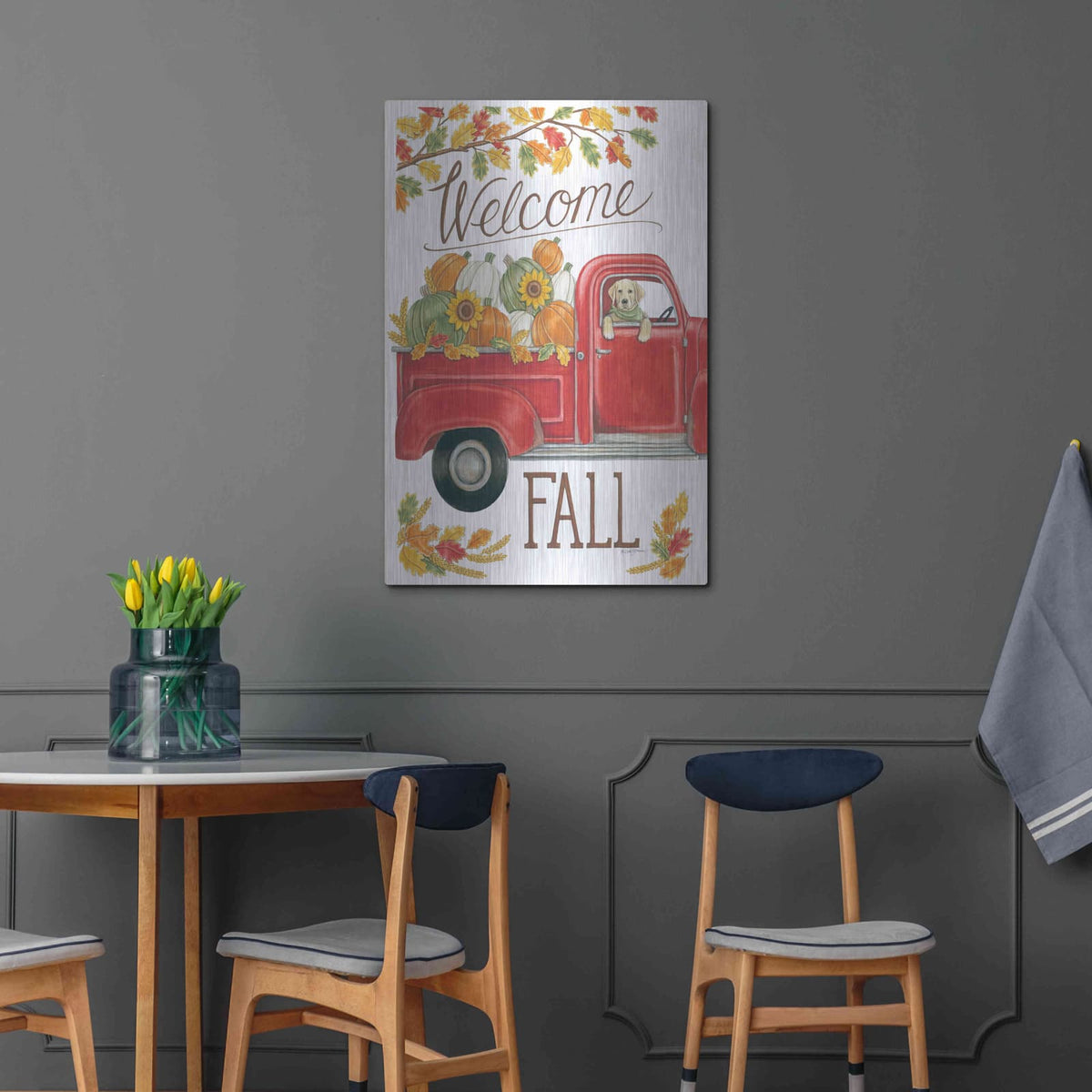'Fall Truck & Lab' by Deb Strain – Metal Wall Art, 24x36 room view
