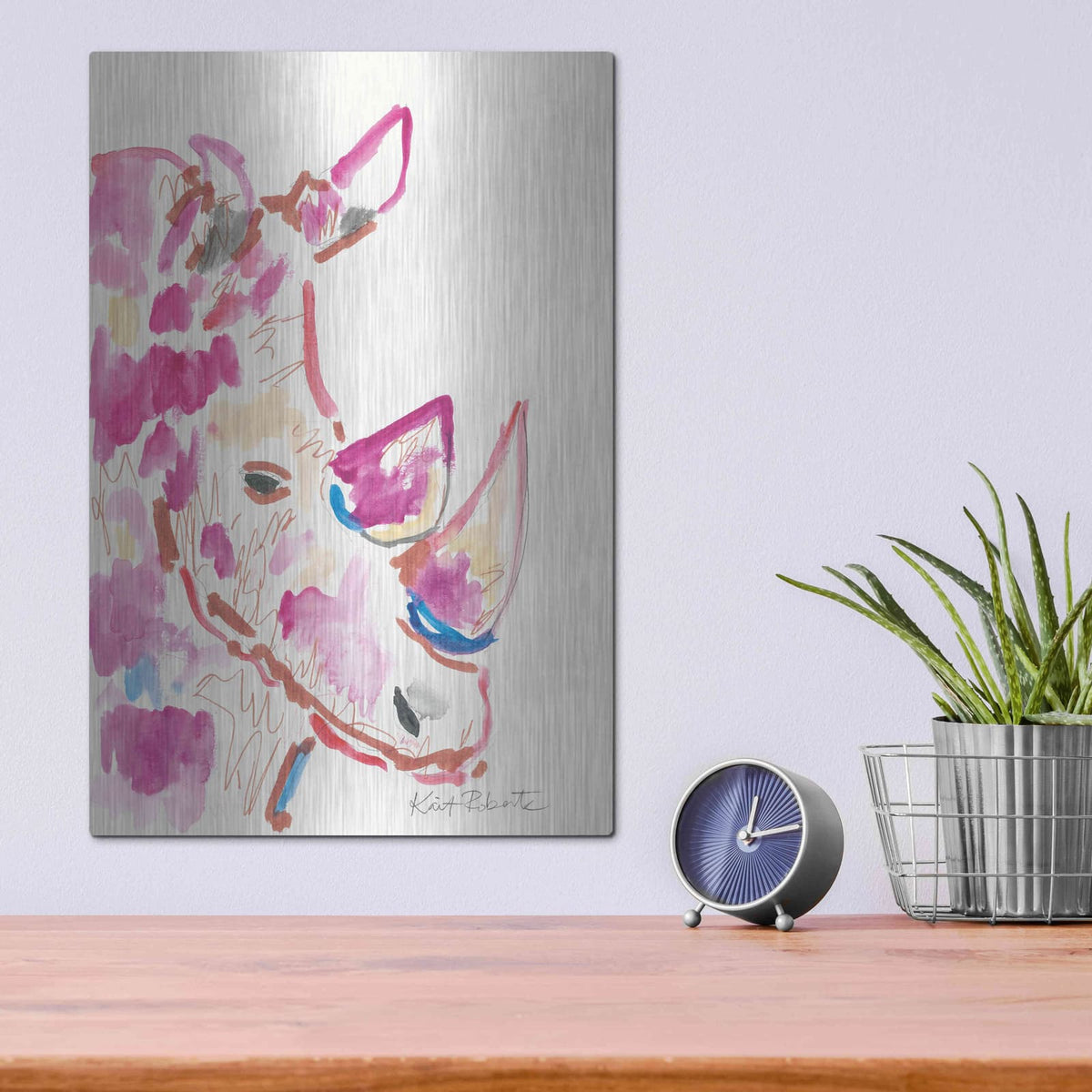 'Rainbow the Rhino' by Kait Roberts – Metal Wall Art, 12x16 room view