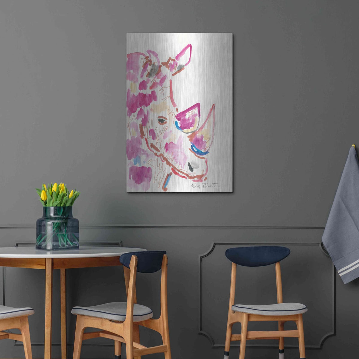 'Rainbow the Rhino' by Kait Roberts – Metal Wall Art, 24x36 room view