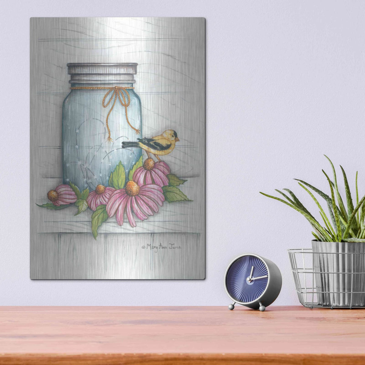 'Goldfinch and Flowers' by Mary Ann June – Metal Wall Art, 12x16 room view