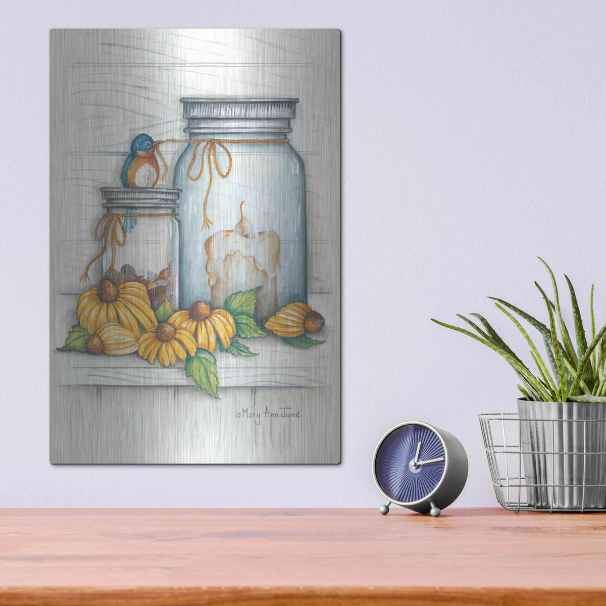 'Blue Bird and Coneflowers' by Mary Ann June – Metal Wall Art, 12x16 room view