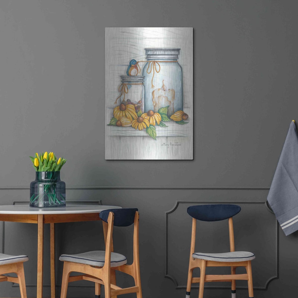 'Blue Bird and Coneflowers' by Mary Ann June – Metal Wall Art, 24x36 room view
