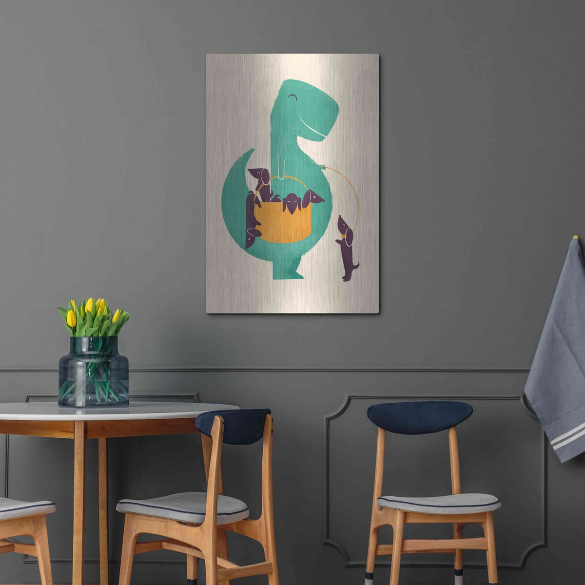 'T-Rex and the Basketful of Wiener Dogs' by Jay Fleck – Metal Wall Art, 24x36 room view