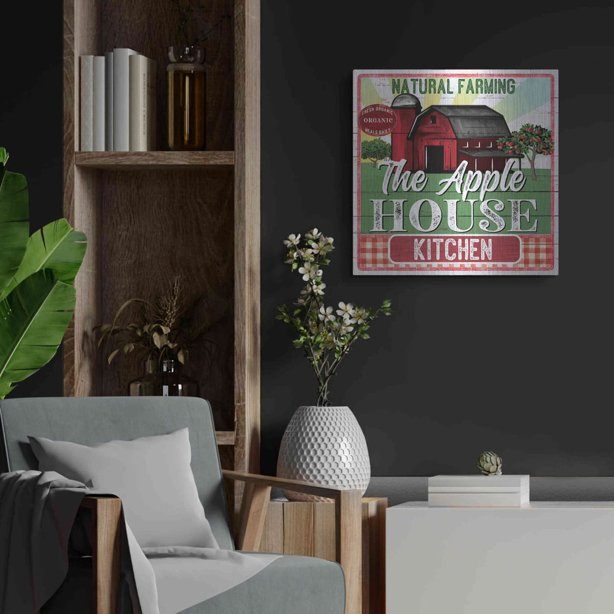 'The Apple House Kitchen' by Mollie B Art – Metal Wall Art, 24x24 room view