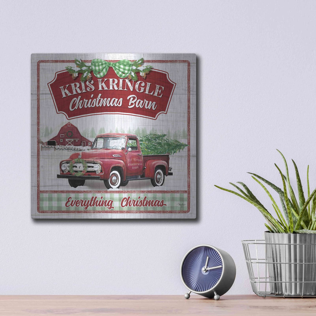 'Kris Kringle Christmas Barn' by Mollie B Art – Metal Wall Art, 12x12 room view