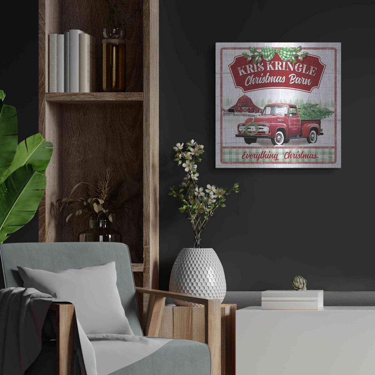 'Kris Kringle Christmas Barn' by Mollie B Art – Metal Wall Art, 24x24 room view