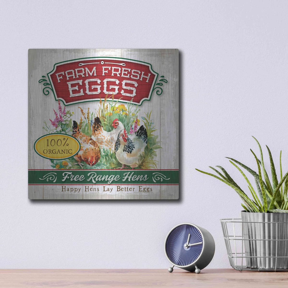 'Fresh Eggs' by Mollie B Art – Metal Wall Art, 12x12 room view