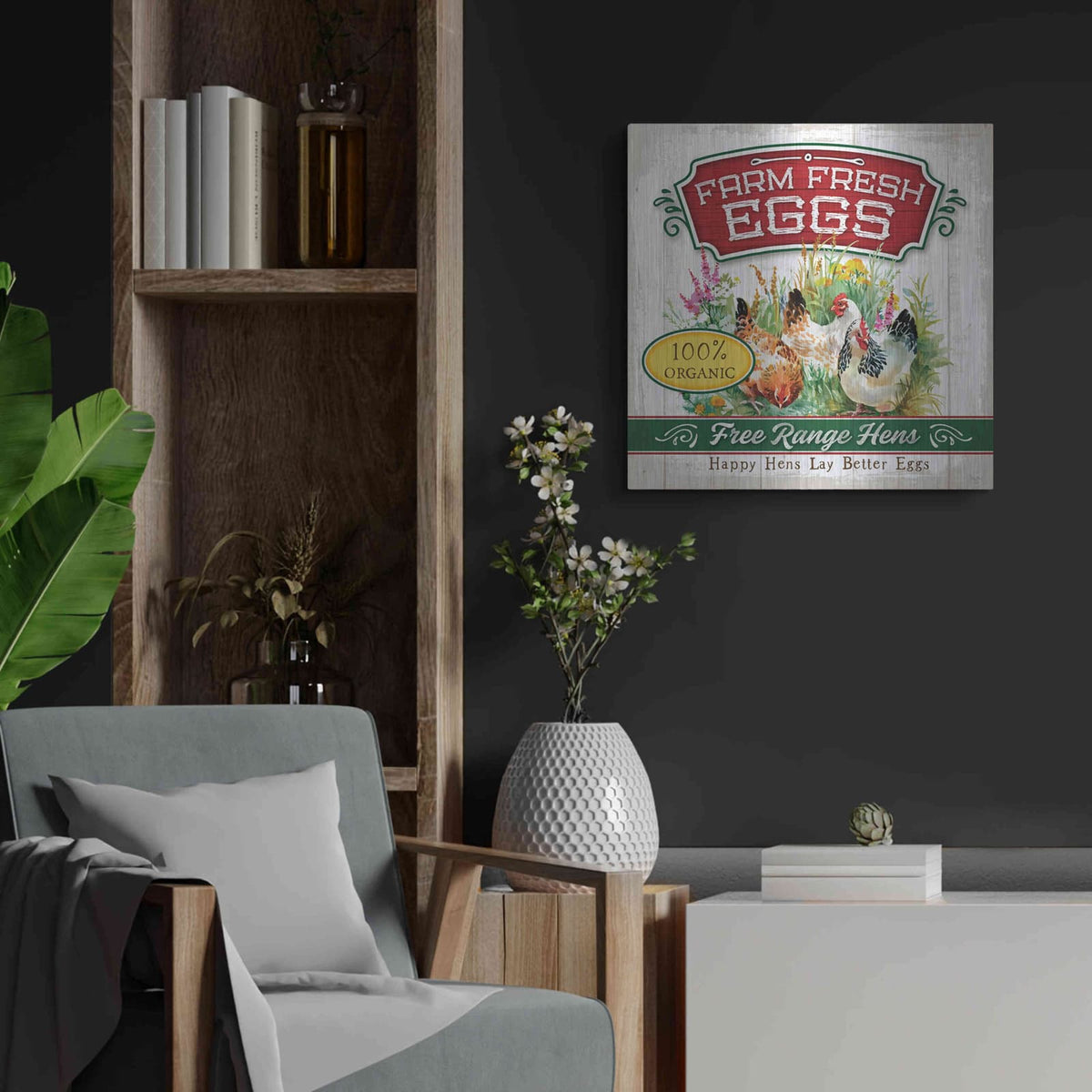 'Fresh Eggs' by Mollie B Art – Metal Wall Art, 24x24 room view
