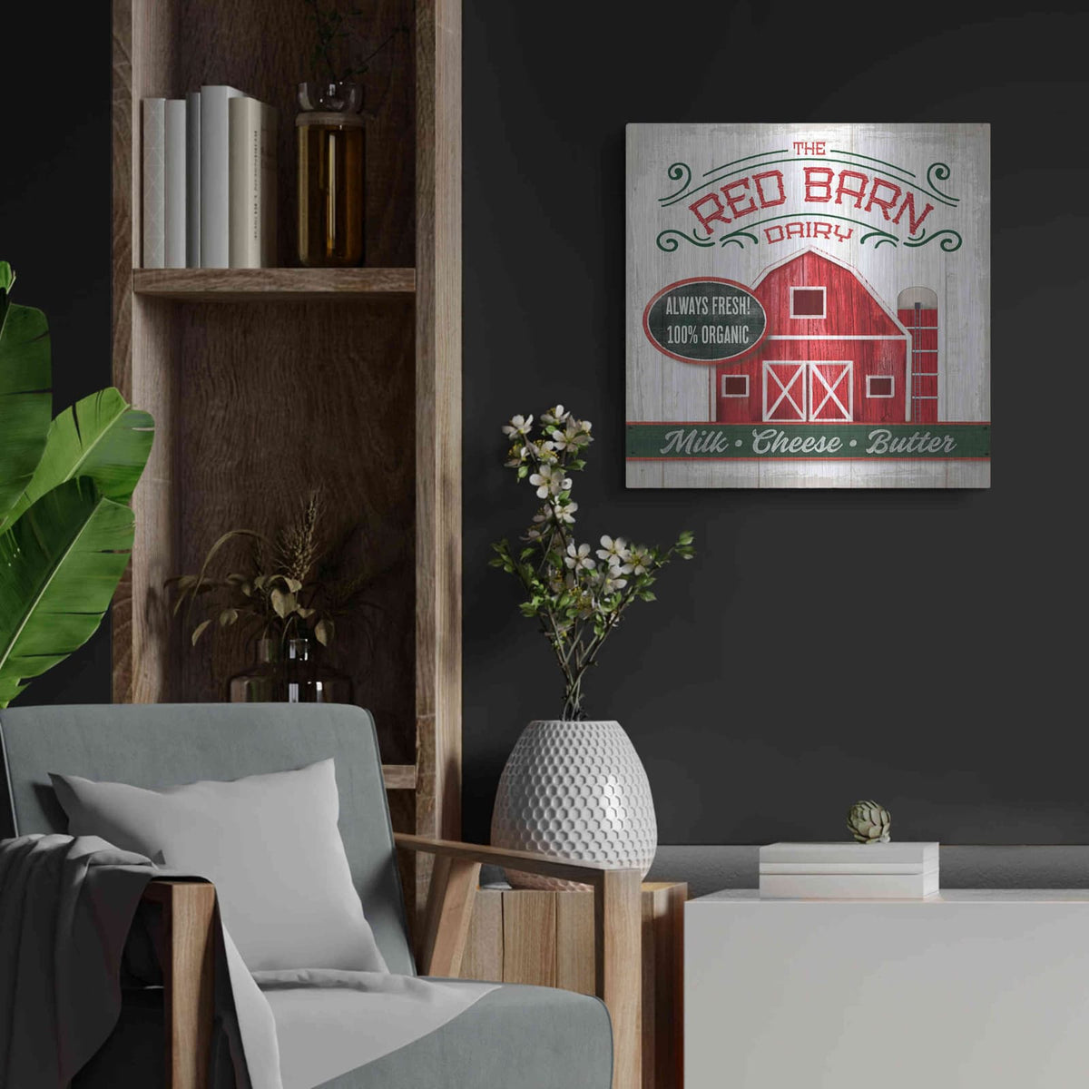 'The Red Barn' by Mollie B Art – Metal Wall Art, 24x24 room view