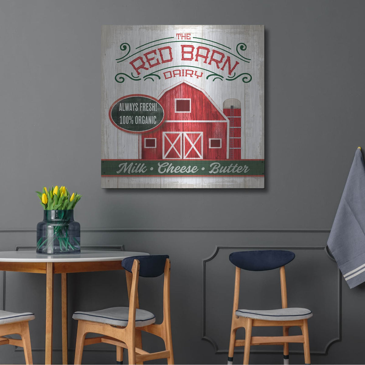 'The Red Barn' by Mollie B Art – Metal Wall Art, 36x36 room view