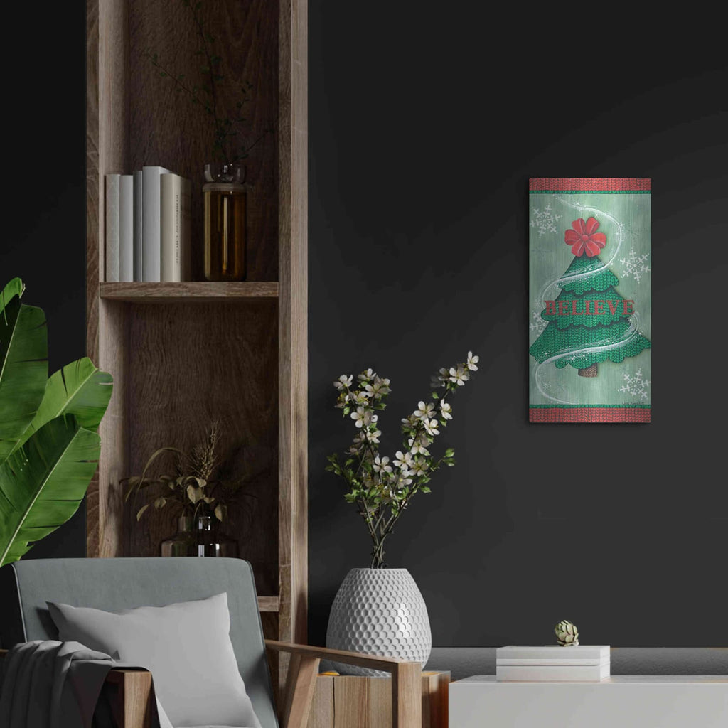 'Believe Stitch Tree' by Lisa Kennedy – Metal Wall Art, 12x24 room view