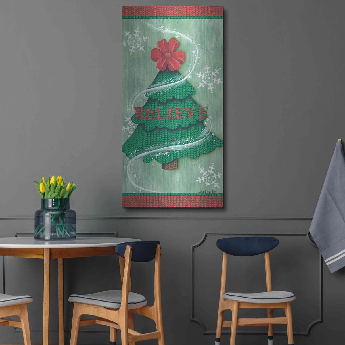 'Believe Stitch Tree' by Lisa Kennedy – Metal Wall Art, 24x48 room view