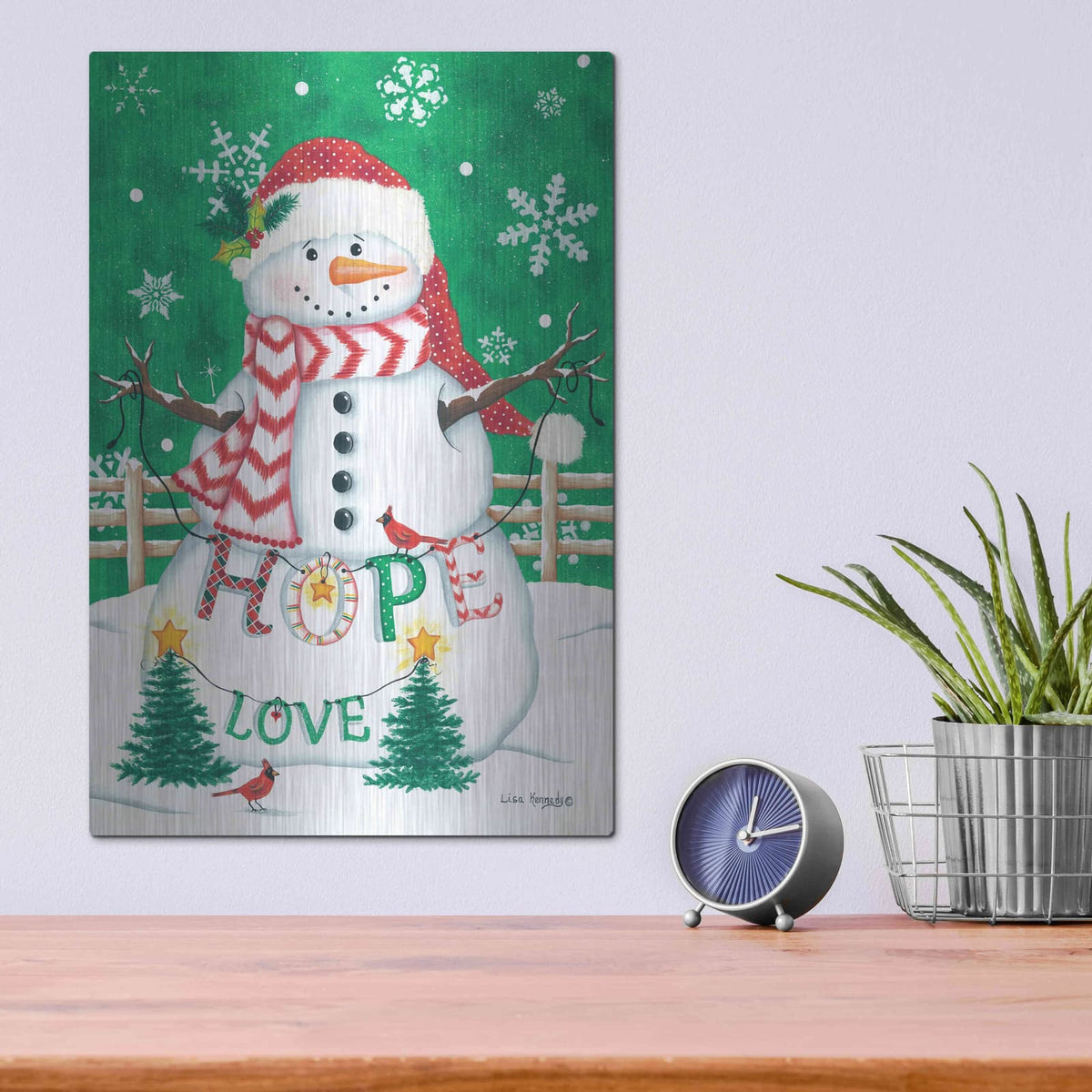 'Merry Snowman' by Lisa Kennedy – Metal Wall Art, 12x16 room view