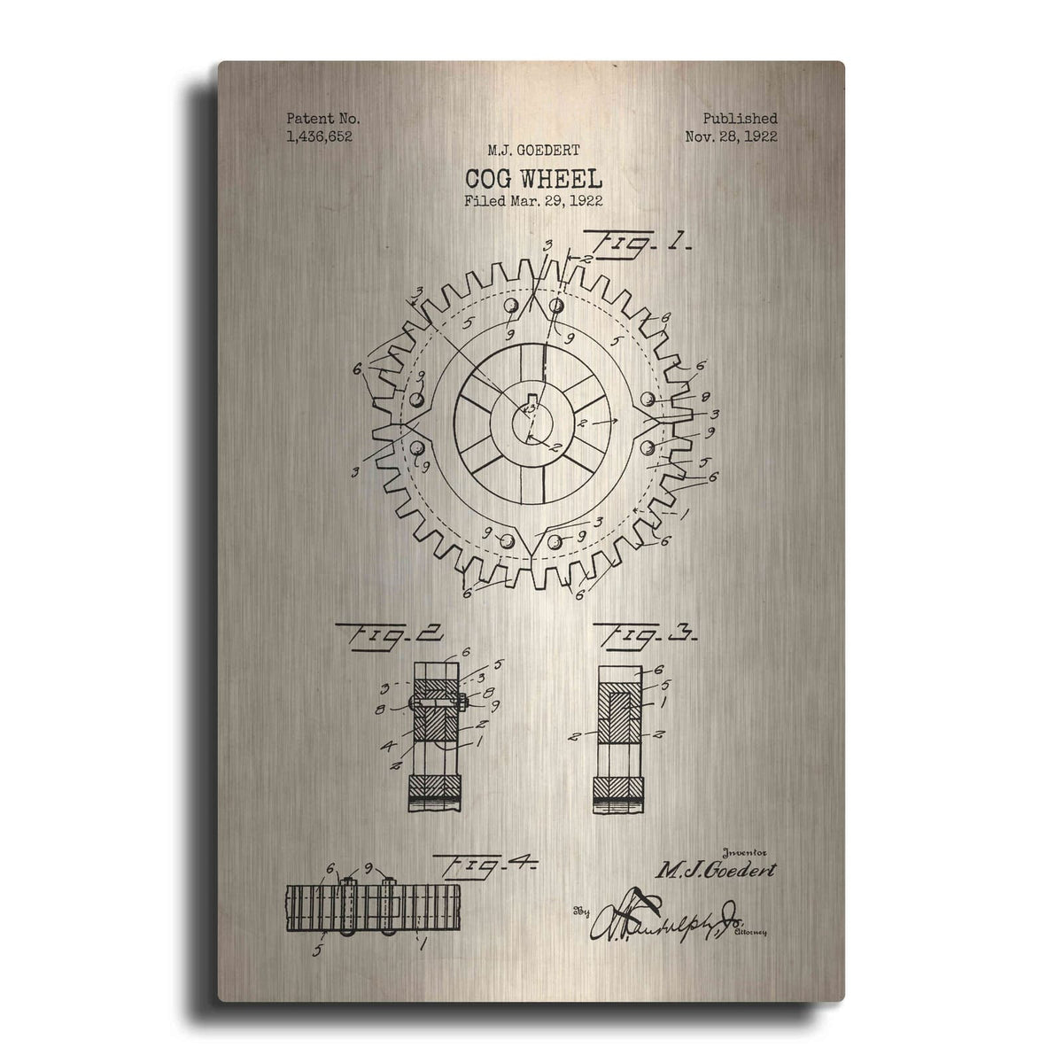 'Cog Wheel Blueprint Patent Parchment' – Metal Wall Art