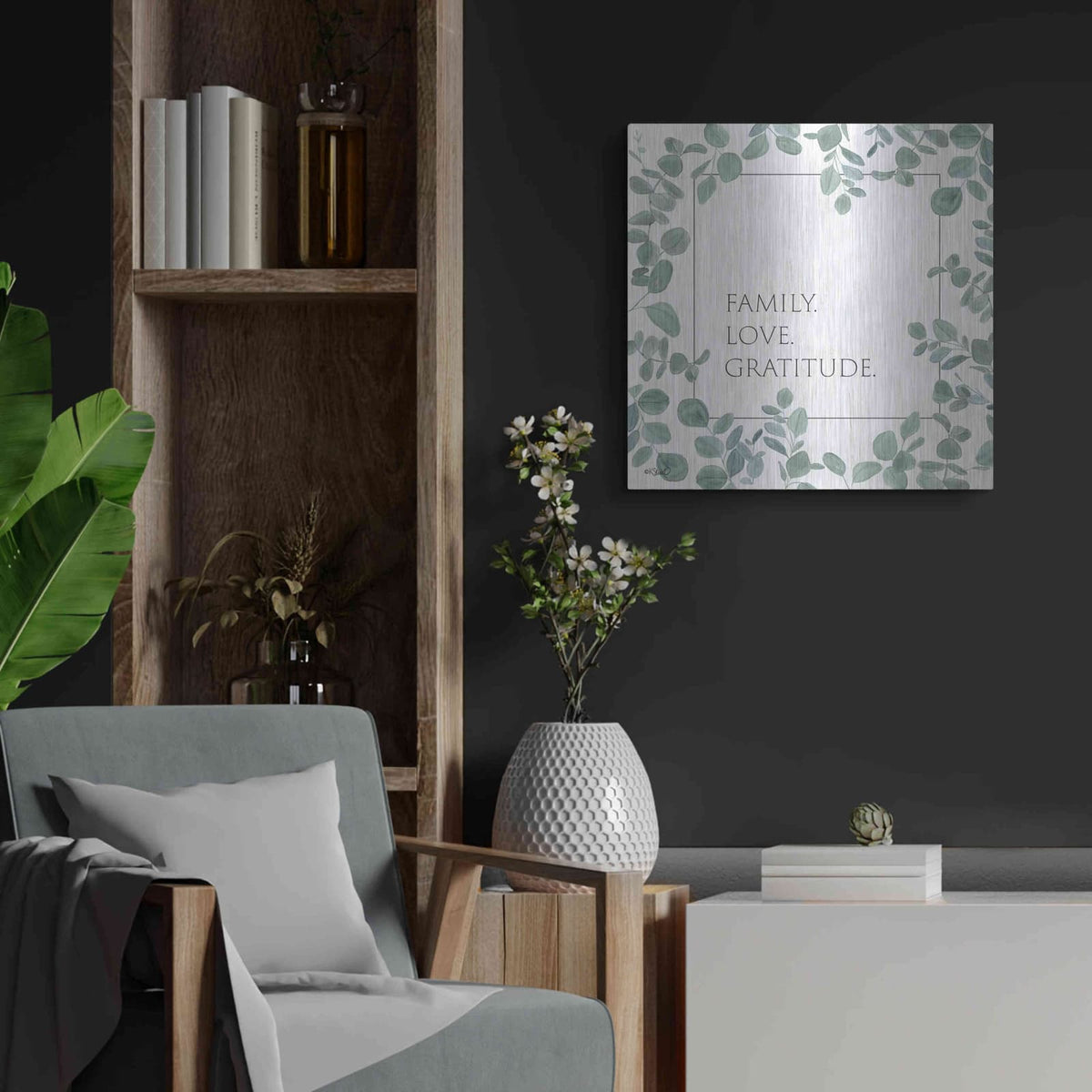 'Family Love Gratitude Eucalyptus' by Kate Sherrill – Metal Wall Art, 24x24 room view