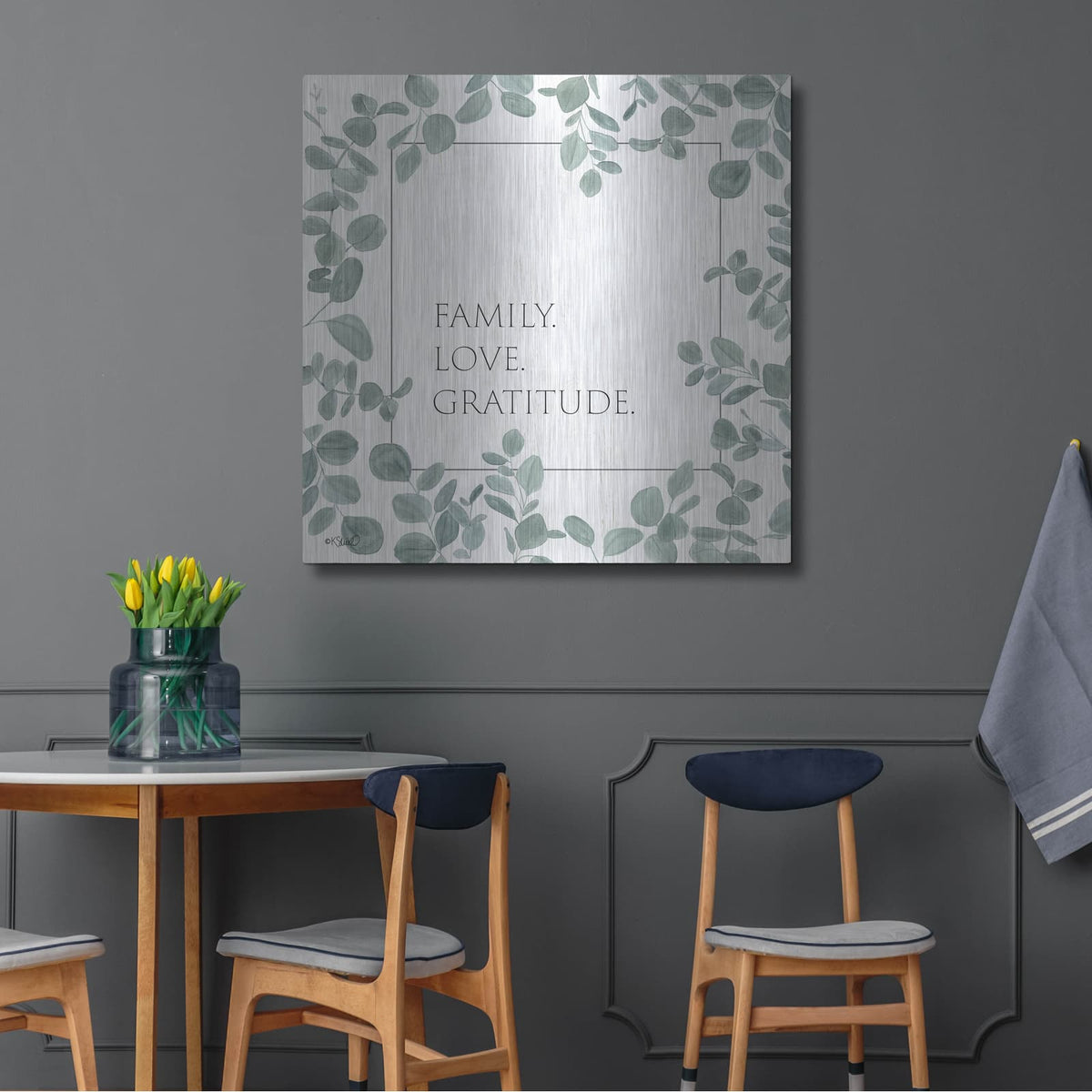 'Family Love Gratitude Eucalyptus' by Kate Sherrill – Metal Wall Art, 36x36 room view