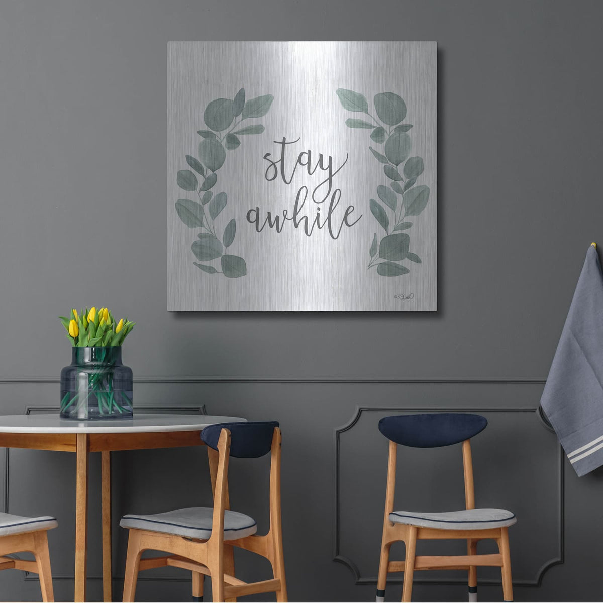 'Stay Awhile Eucalyptus' by Kate Sherrill – Metal Wall Art, 36x36 room view