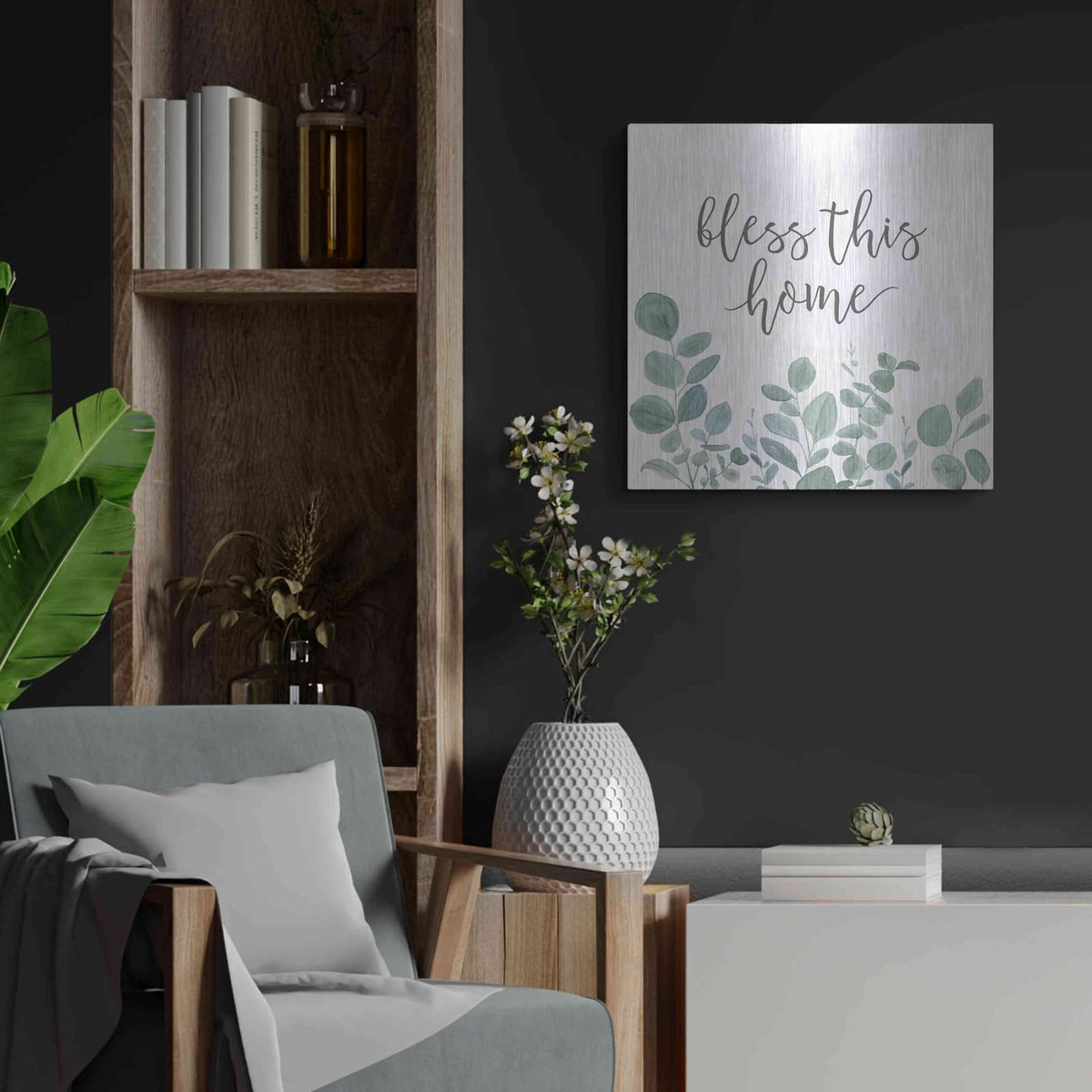 'Bless This Home Eucalyptus' by Kate Sherrill – Metal Wall Art, 24x24 room view