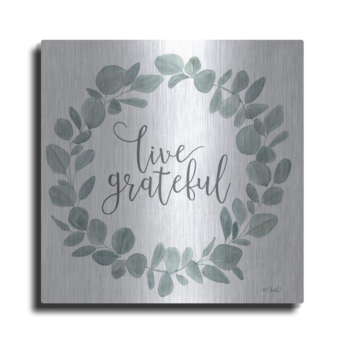 'Live Grateful Eucalyptus Wreath' by Kate Sherrill – Metal Wall Art