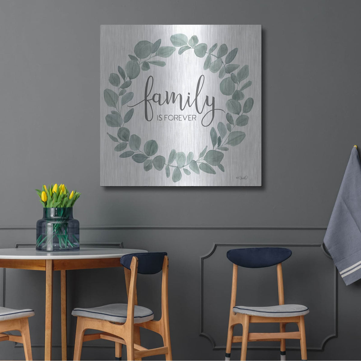 'Family Forever Eucalyptus Wreath' by Kate Sherrill – Metal Wall Art, 36x36 room view