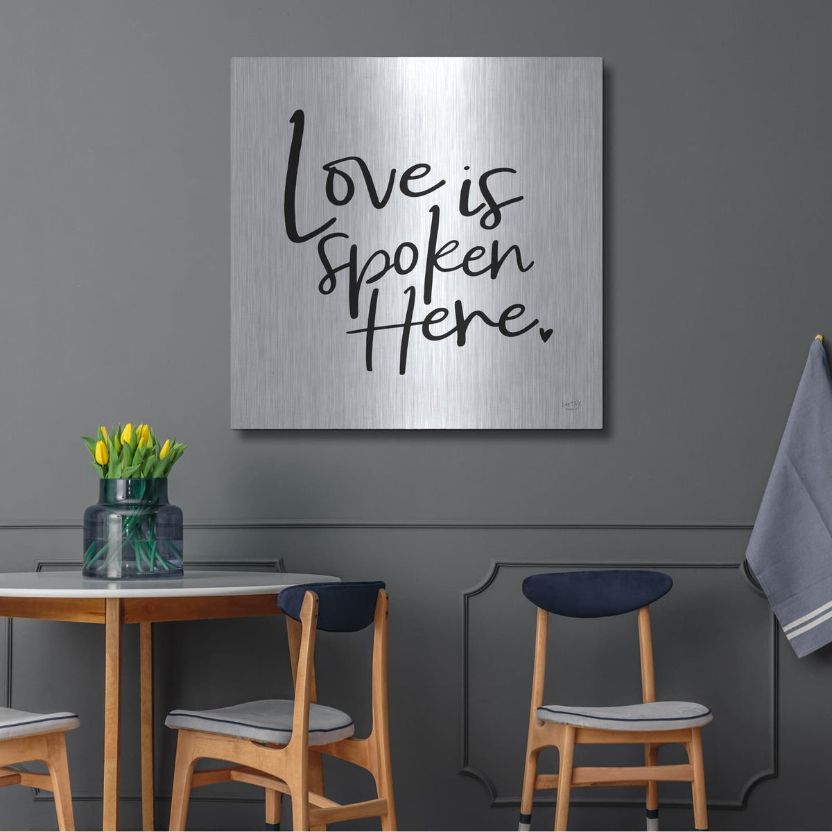 'Love is Spoken Here' by Lux + Me – Metal Wall Art, 36x36 room view
