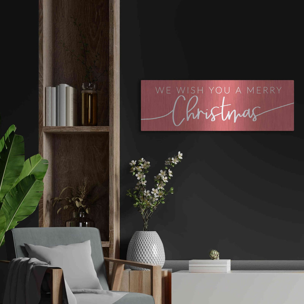'We Wish You a Merry Christmas' by Lux + Me – Metal Wall Art, 36x12 room view