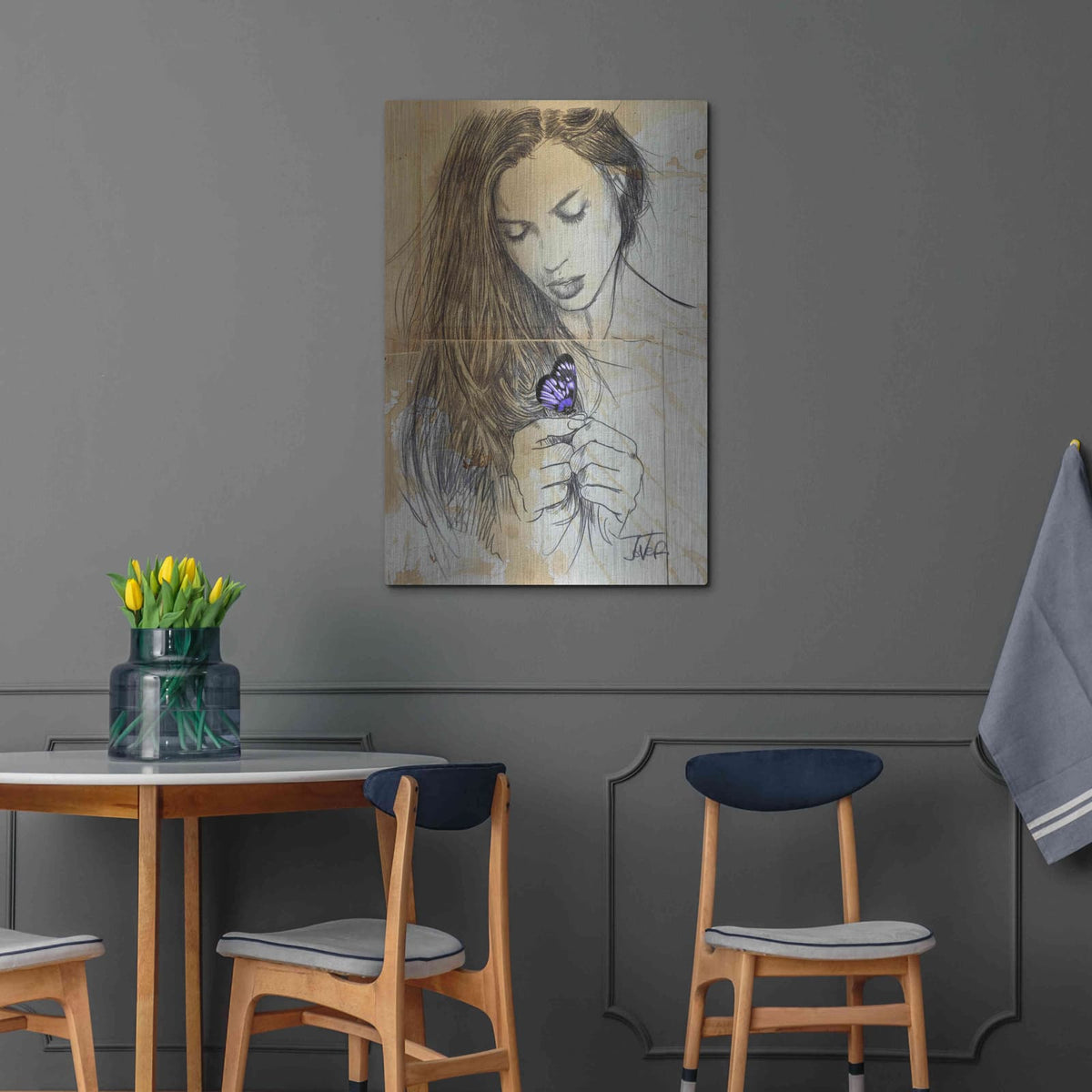 'Blue Butterfly' by Loui Jover – Metal Wall Art, 24x36 room view