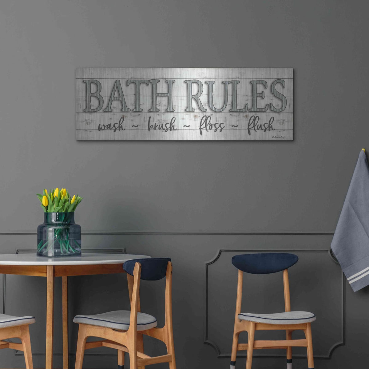 'Bath Rules' by Susie Boyer – Metal Wall Art, 48x16 room view