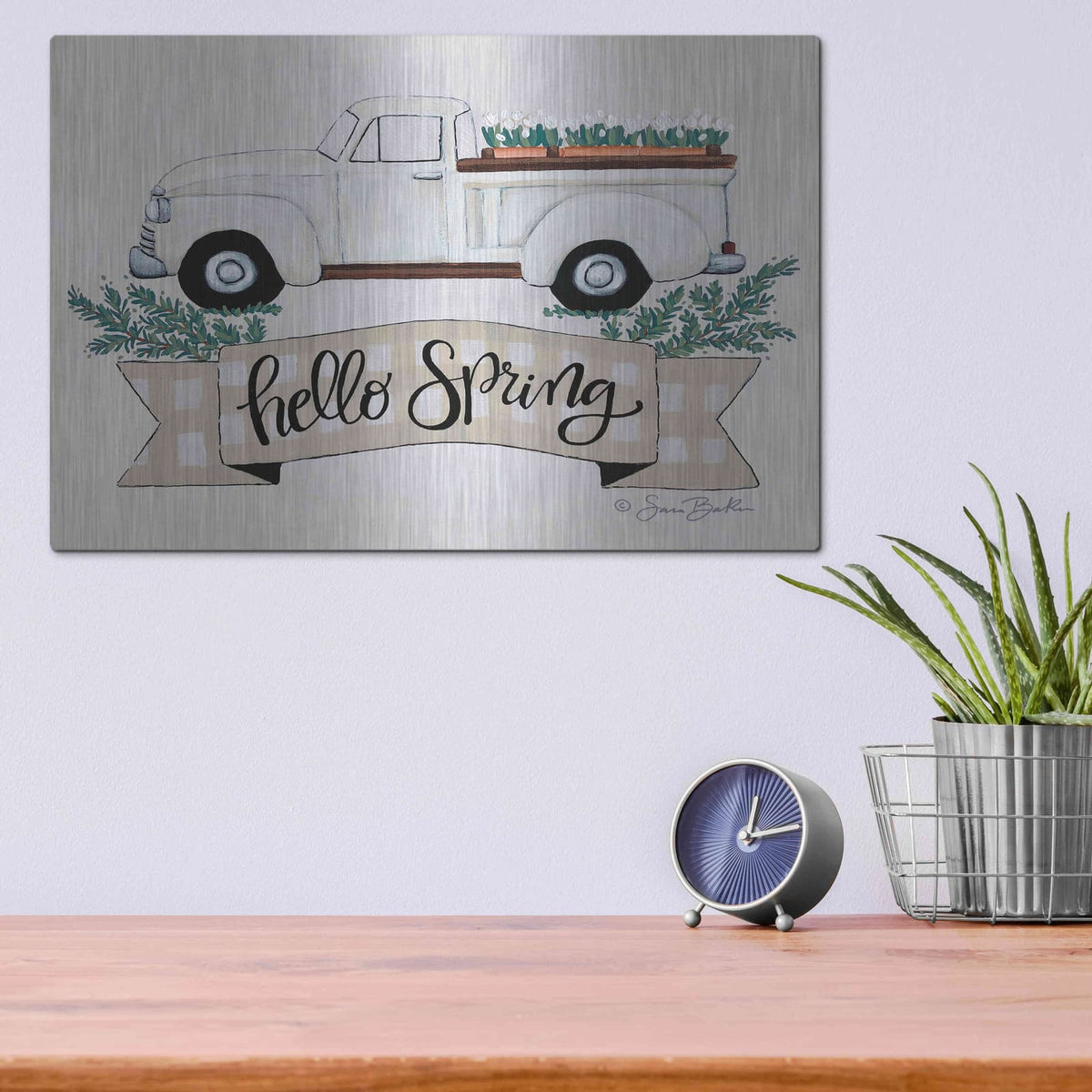 'Hello Spring Tulip Truck' by Sara Baker – Metal Wall Art, 16x12 room view