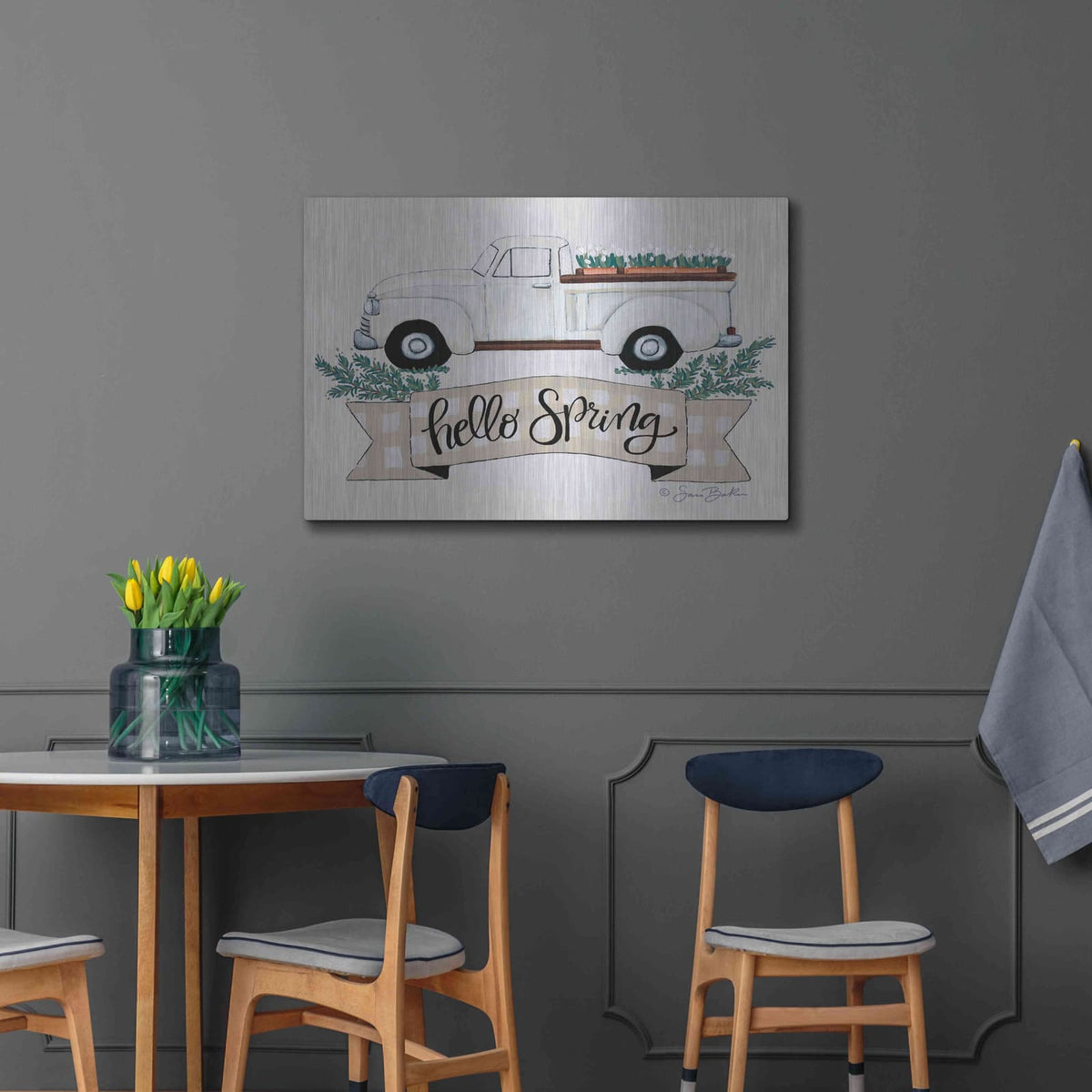 'Hello Spring Tulip Truck' by Sara Baker – Metal Wall Art, 36x24 room view