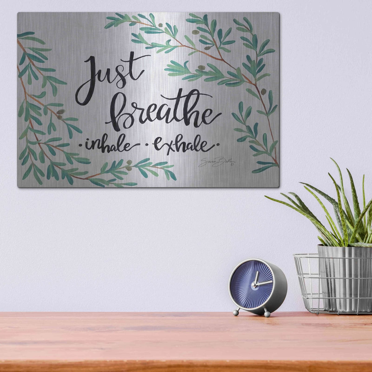 'Just Breathe Olive Stems' by Sara Baker – Metal Wall Art, 16x12 room view
