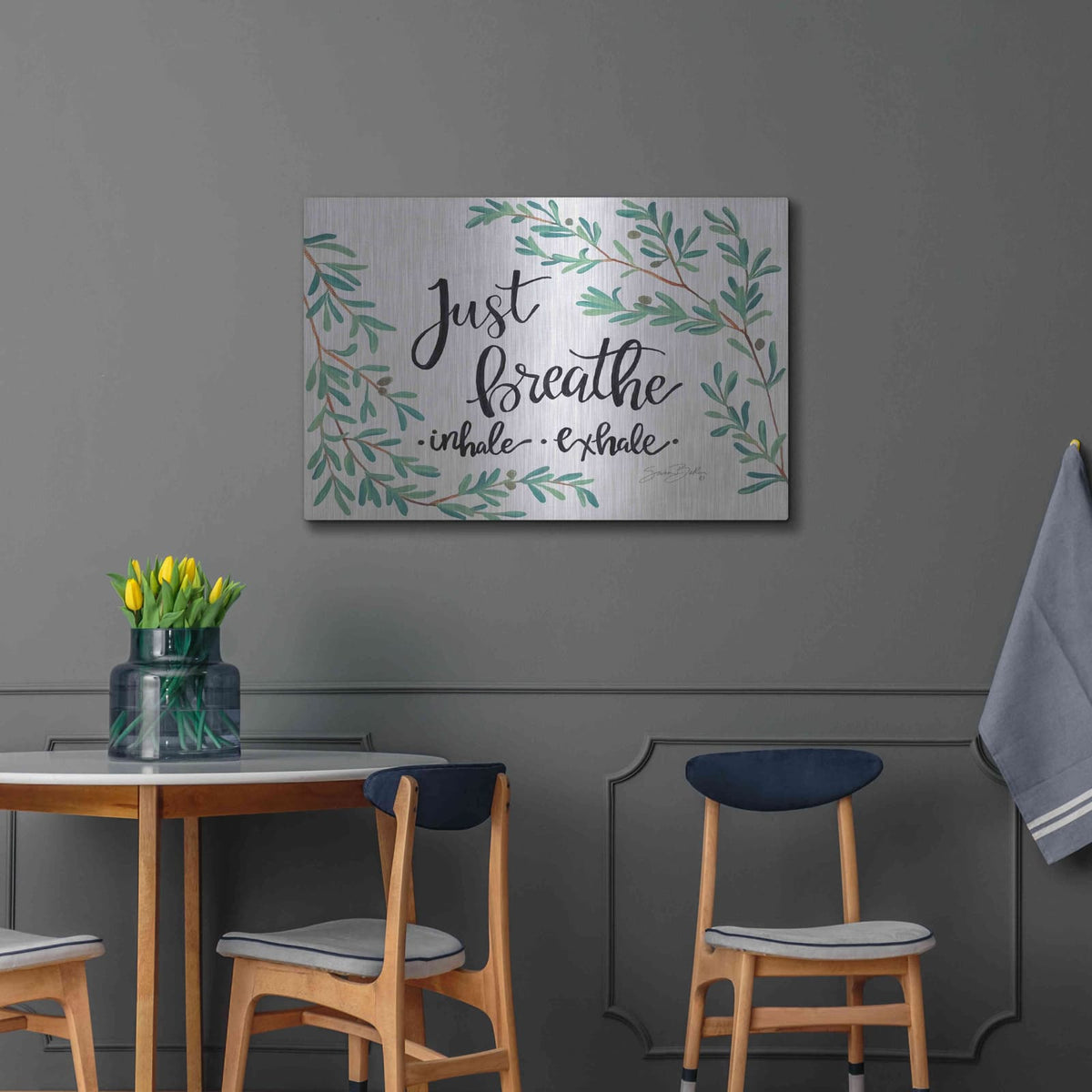'Just Breathe Olive Stems' by Sara Baker – Metal Wall Art, 36x24 room view