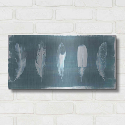 Luxe Metal Art 'Feathers on Dusty Teal' by Grace Popp, Metal Wall Art,24x12